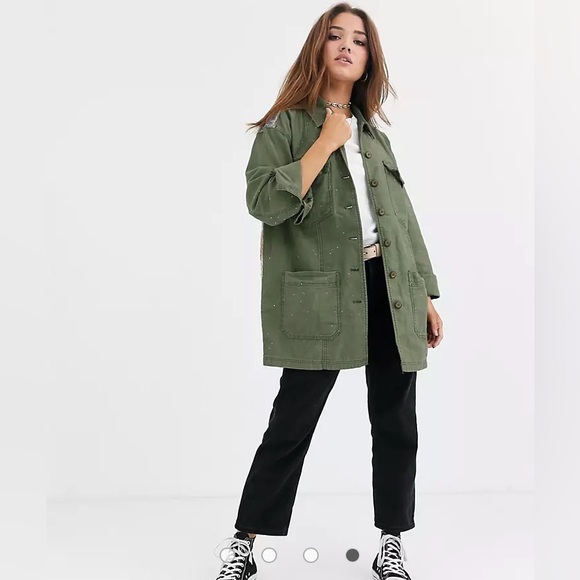 FREE PEOPLE Sz S SPRUCE MILITARY SHIRT JACKET AMERICAN FLAG ARMY GREEN Was $228 - Picture 7 of 17